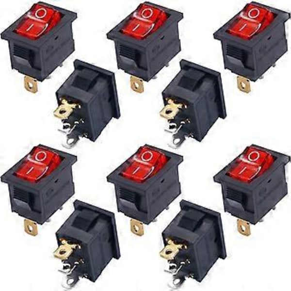 10 stk. vippekontakt med rødt lys, belyst tænd/sluk SPST 3 ben 2 positioner KCD1 Snap AC 250V/10A 125V/12A KCD1-2-101N-R