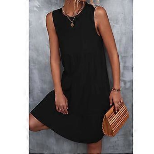 Plus Size Sort Ærmeløs Kjole - Åndbar Rund Hals Elegant Sommerbeklædning, XXL
