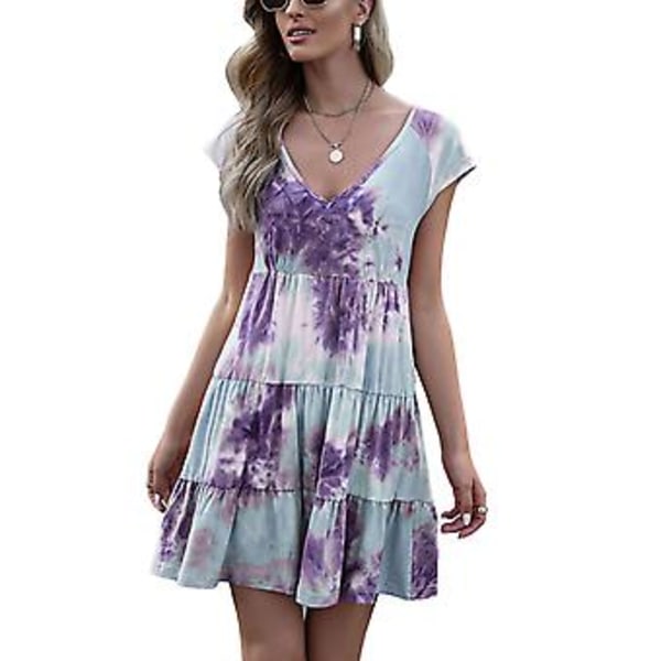 Dybt V-hals Tie Dye Print Kjole Dame Elegant Afslappet Gradient Løs Kant Kortærmet Lagdelt Kjole Lilla XL