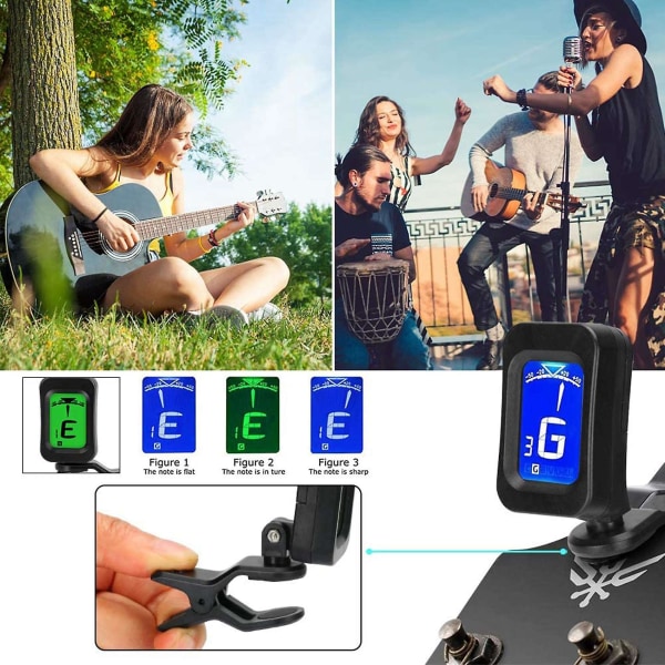 65 stk. guitar tilbehørssæt med guitarstrenge, tuner, capo, plektre, plekterholder, tommelfingerplekter