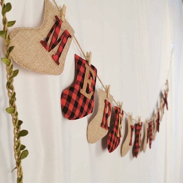 Glædelig Jul Banner - Burlap Julepynt, Unik Håndsyet Julepynt, Julekappe Dekoration-DENUOTOP