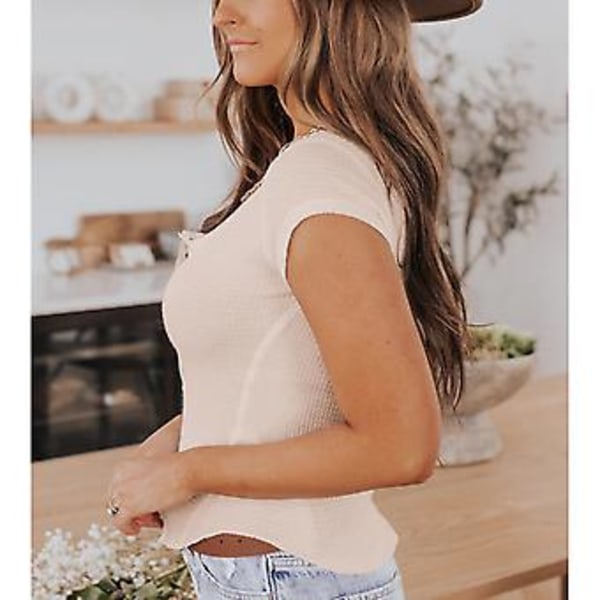 Dame Sommer Top Kortærmet V-Hals Knap Slim Skjorte til Hverdagsbrug og Udendørs Sport ESTC010 Beige S
