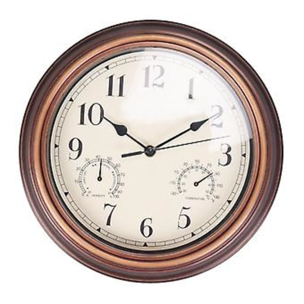 12-tommers veggklokke, retro vanntett klokke med termometer og hygrometer, lydløs klokke for