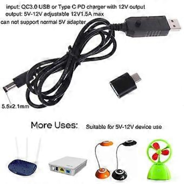 Universal Type C PD QC3.0 USB til 5V-12V Justerbar Spænding Step Up 5.5x2.1mm Kabel Strømkabel til WiFi-Router LED Strip