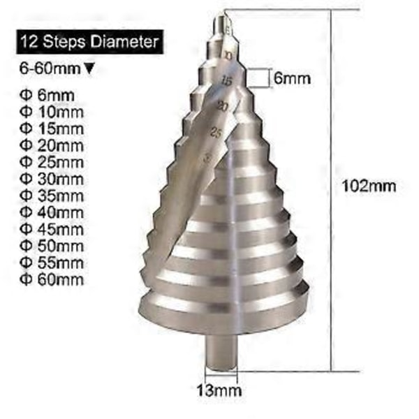 6-60mm HSS Stegborr Spiral Konisk Spår Försänkare 12 Steg