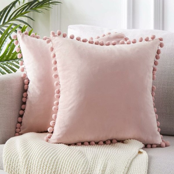 Decorative Lumbar Throw Pillow Covers 12 x 20 Inch Soft Particles Velvet Solid Cushion Covers with Pom-poms for Couch Bedroom Car , Pack of 2-18 x 1
