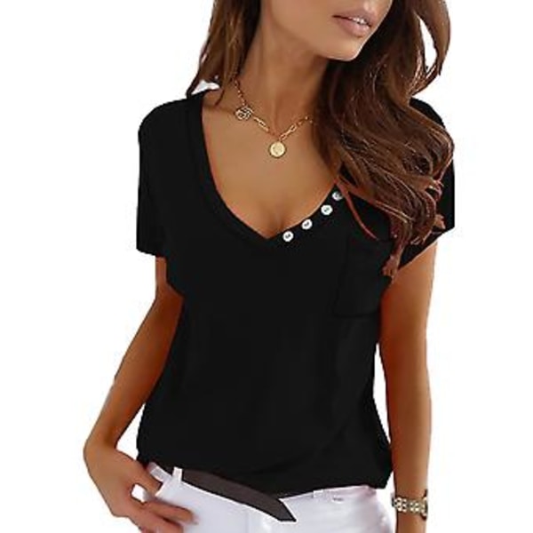 Dame Casual Top V-hals Knap Dekoration Lomme Løs Type Ren Farve Sommer Kortærmet T-shirts Sort S