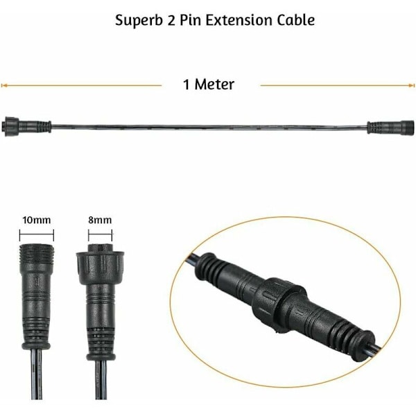 Förlängningskabel, för infällda LED-strålkastare, vattentät IP67, 1M / 3,3Ft, 2Pin, med han- och honkontakter 10-pack，