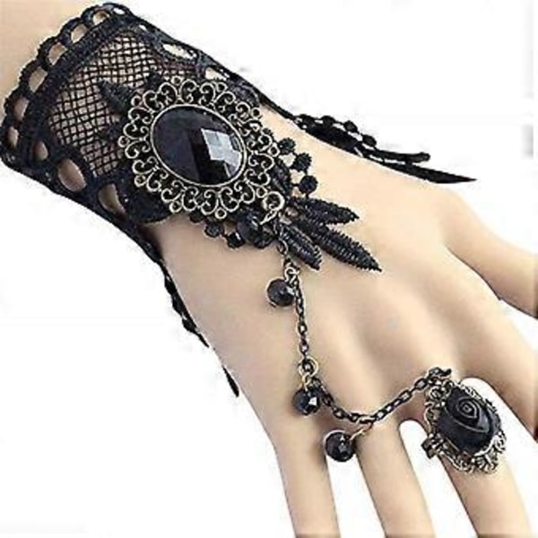 3 st Gotiskt Spetsarmband Justerbart Vintage Armband med Fingerring för Kvinnor Flickor (svart) (d-8d)