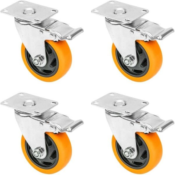 Kraftige polyurethanhjul med bremser Pakke med 4 100 mm Op til 600 kg Orange