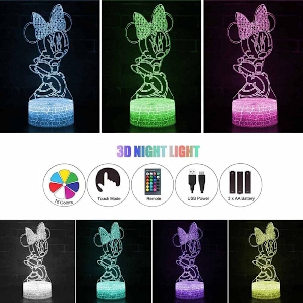 Natlys Minnie Mouse Illusion Lampe 3D LED Natlys med Touch Control Julefødselsdagsgave til børn [Energiklasse A+++]-