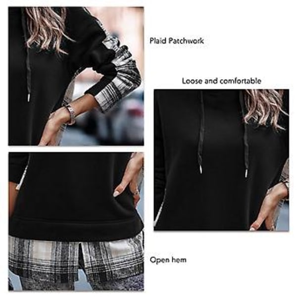 Dame Patchwork Hættetrøje Polyesterfiber Langærmet Åben Kant Pullover Plaid Patchwork Hættetrøjer til Daglig Brug Sort M
