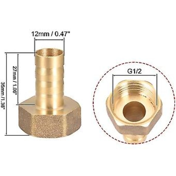Messing Slangeforskruning, 12mm Barb G1/2 Hun Gevind Rør Adapter, 2 stk