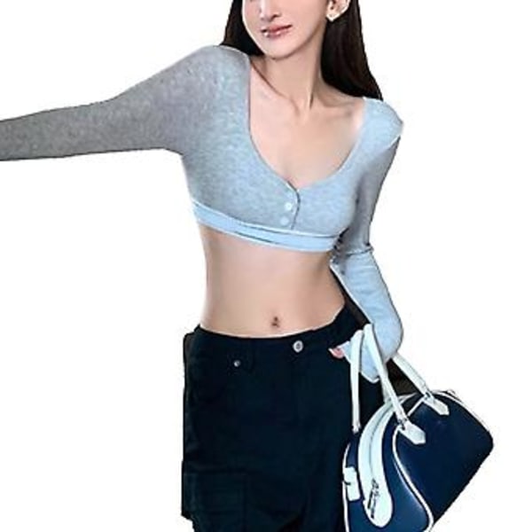 Dame Sommer Kort Topp Langermet V-hals Slim Fit Enkelspent Høy Midje Topp for Kvinner Grå L
