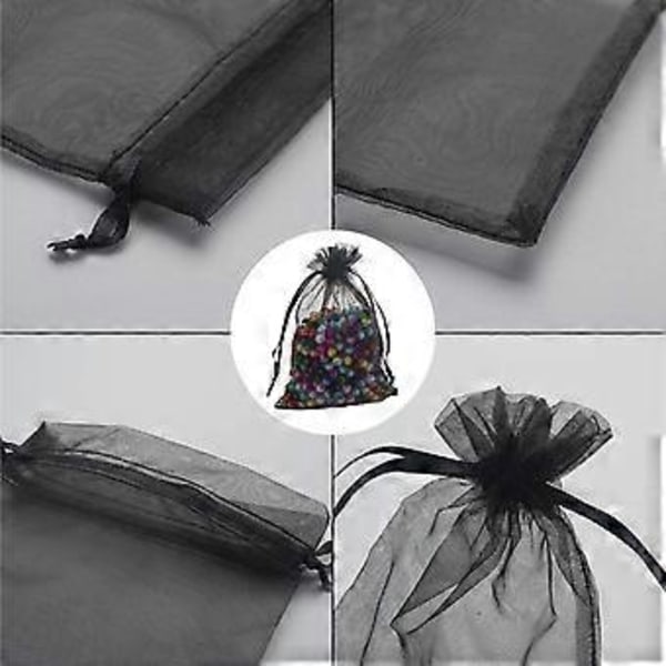 100 STK Sorte Organza Gaveposer 9X12cm, Mesh Bryllupsgaveposer med Snøre til Smykker Makeup Slik Baby Shower
