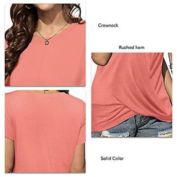 Crewneck Kortærmet T-shirt Dame Moderigtig Elegant Løs Ensfarvet Rynket Kant Petal Ærme Toppe Pink S