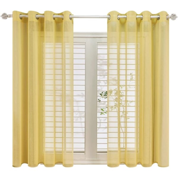 Sæt med 2 skinnende gule voile gennemsigtige gardiner i linnedeffekt - Øjegardin Semi-gennemsigtigt soveværelsesdekoration til stue Køkkengardin 14