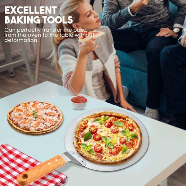 Ruostumattomasta teräksestä valmistettu pizzalapio, kakunsiirtopyöreä puukahva, leivontapala, leivontatyökalut kotitekoisen pizzan, leivän, kakun leivontaan - Fei