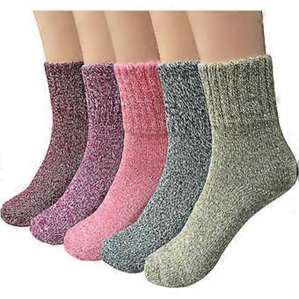 5 Par Damsockor i Ull, Tjockt Stickade, Vintage, Vinter, Varma, Mysiga, Crew Socks, Presenter