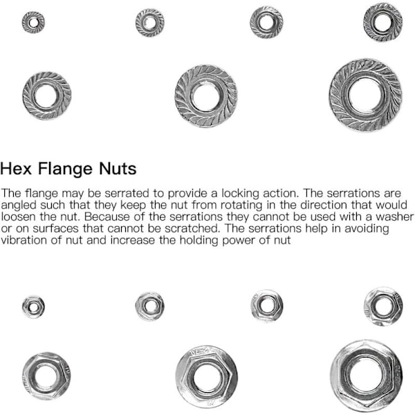 192 stk metriske tannede flensmuttere 304 rustfritt stål 7 størrelser M3 M4 M5 M6 M8 M10 M12, Fnut, assortert sett