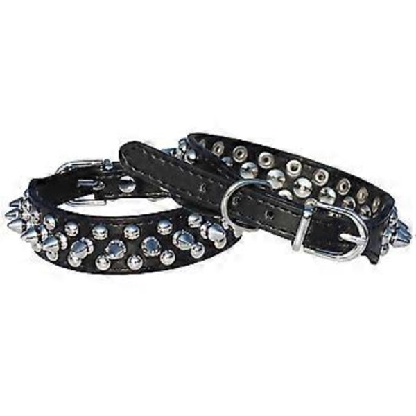 Halsband i läder med spikar och nitar, 2,5 cm brett för små/extra små raser och valpar (Svart, S: För halsomfång 15-20 cm)