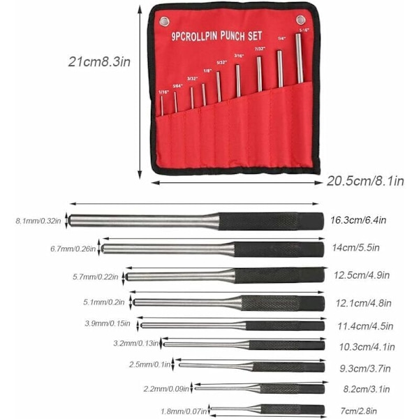 9PCS Punch Pin Punch Set Profesjonell Holdbar Stål, Mekanisk Håndverktøy,