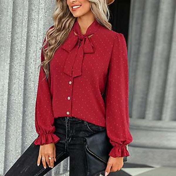 Blus Puff Lång Ärm Elastisk Manschett Rosett Enkelknäppt Eleganta Vardagstoppar för Kvinnor Röd S