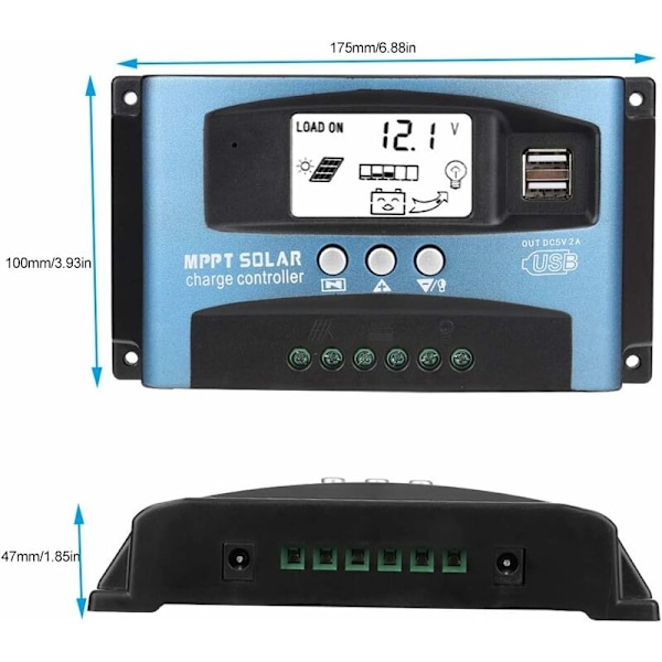 Solcellelader med LCD-skjerm, Mppt 100a Dual USB LCD-skjerm Solcellelader 12v 24v