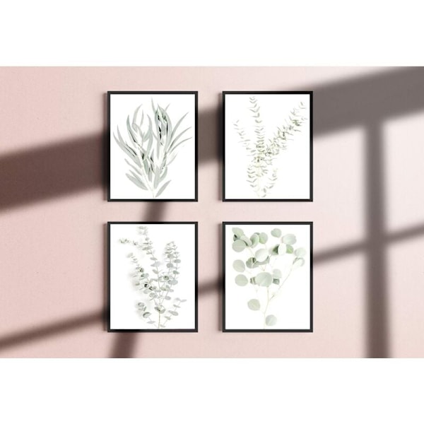 Botaniske plantevægkunsttryk - Sæt med 4 plantevægdekorationstryk Blomsterkøkken Blomsterblade Vægkunst Boho Blad Eukalyptus