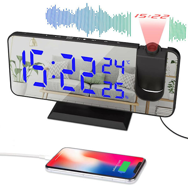 Takprojektionsväckarklocka Digital klocka med spegelskiva och projektor Dimmer 15 Volym 2 Ringsignal FM Radioväckarklocka- Blå