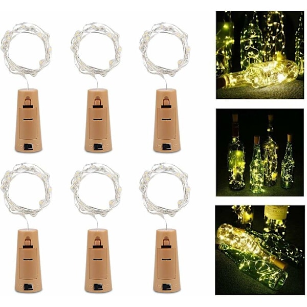 Sæt med 6 julelys flaskehættelys, LED dekorationslys med batteri 1m 20led sølvtrådssnor til Guinguette hjemmefest juledekoration