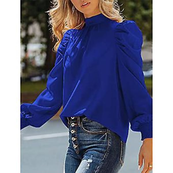 Dame Lang Puff Erme Topper Skjorte Moderne Elegant Løs Casual Ren Farge Høy Hals Bluse for Arbeid Blå XXL