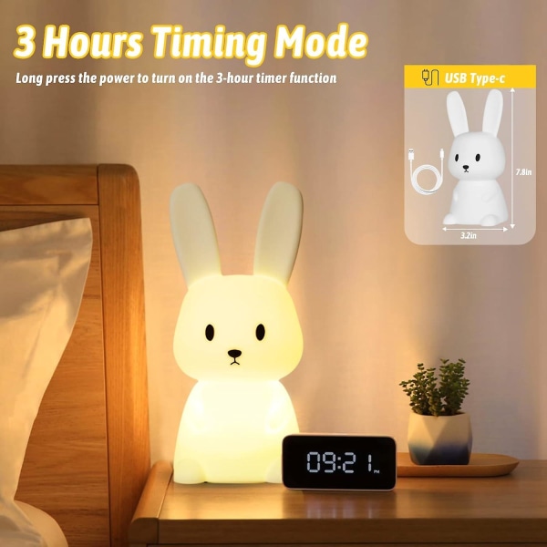 Kanin Nattlampa för Barnrum, 7 Färgförändrande LED Bärbar Touch Lampa med Timer, USB Laddningsbar Silikon Kanin Nattlampa för Baby C