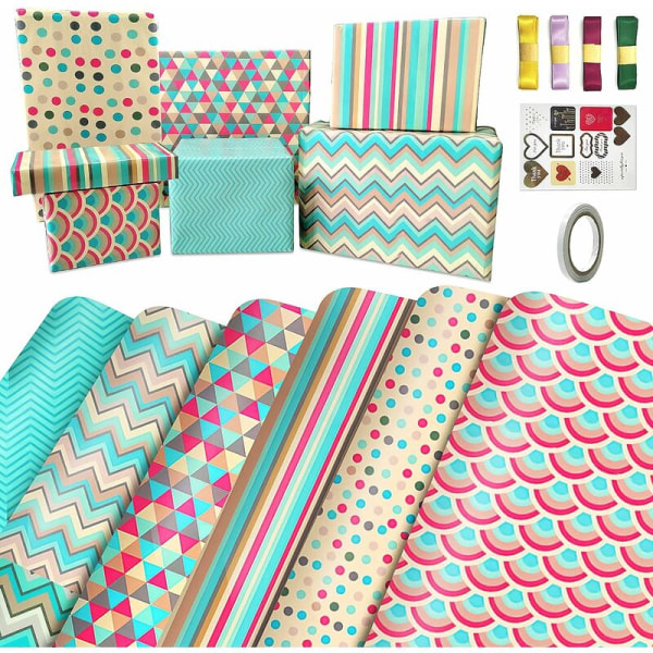 Presentpappersset med band och etikett, miljövänligt presentpapper, födelsedagspapper för kvinnor, flickor, bebisar, män, pojkar, C