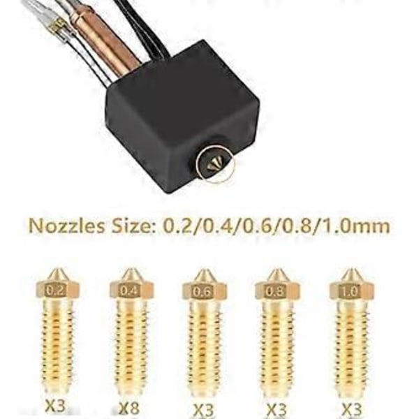 20 stk. Messingdyser Kit til 3, 3D Printer 8 stk. 0,4 mm og 3 stk. 0,2 mm, 0,6 mm, 0,8 mm, 1,0 mm Dyser Kit