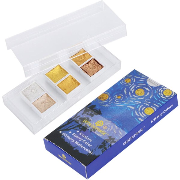 1 Set Professionellt Akvarellfärg Kit 6 Färger Metallic Glitter Konstmaterial för Konstnärer