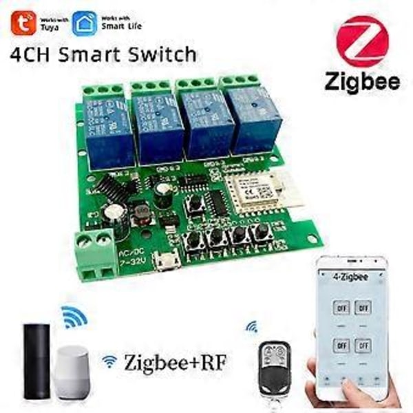 Zigbee Tuya Smart 4CH Relämodul DC5V 7-32V RF433Mhz Fjärrkontroll Ljusbrytare Fungerar med Alexa Home