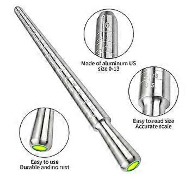 Ringstørrelsesverktøy, metall mandrel målestav ring mandrel aluminium med fingerstørrelse stålring