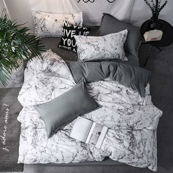 Hvit Marmor Look 3-delt Sengetøysett Charcoal Grå Marmor Mønster Charcoal Grå Dynetrekk Dobbeltseng med Glidelås Trykt Begge Sider for M