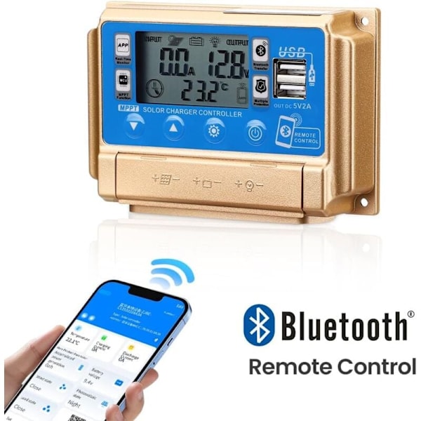 60A MPPT Solar Charge Controller, 12V/24V Solar Charger, MPPT Auto Focus, Tracking Charging with Bluetooth LCD Display, Dual USB