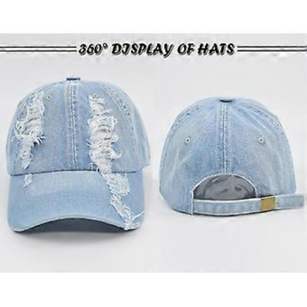 Vasket baseballcaps i gammel bomullsdenim med hull, enkel lett brettet caps i ett stykke