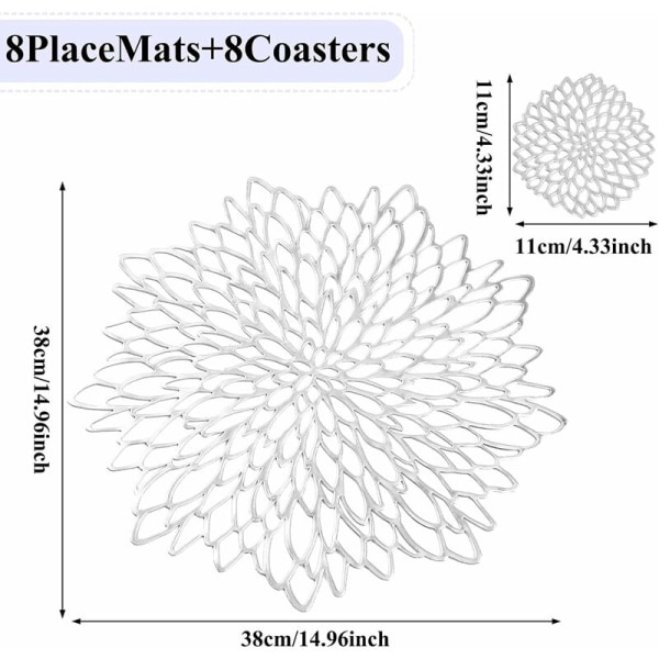 16 stk runde plassmatter og koppunderlag sett blad sølv PVC 8 bordbrikker og 8 koppunderlag vinyl varmebestandig sklisikker og vaskbar plassmatte