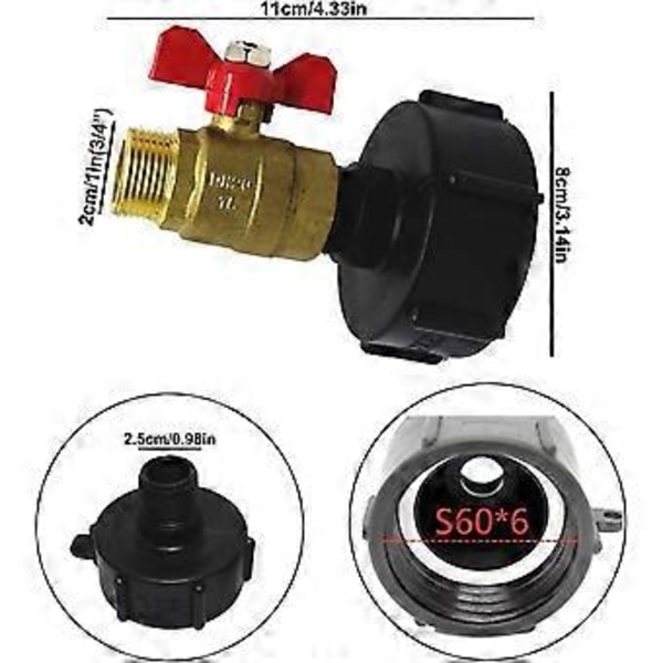IBC Tank Uttak Kran Adapter, Messing Kuleventil Grov Gjenge Messing Kran IBC Tank Slangekobling Erstatningsventil, For Hage Terrasser T (d-4-)