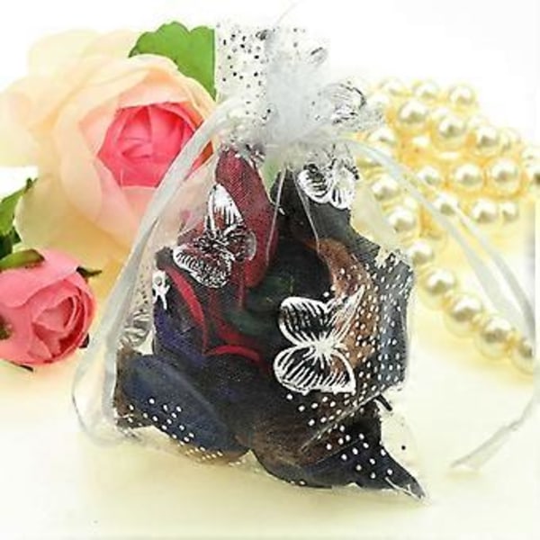 100 stk. 9X12cm Sommerfugl Organza Smykker Gavepose Slikpose Snøre Bryllupsgaveposer Hvid