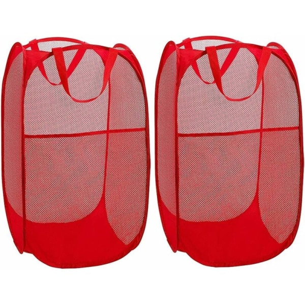 Skittentøyskurv [sett med 2] Pop Up sammenleggbare skittentøyskurver Mesh-vaskepose Sammenleggbar skittentøyskurv med håndtak, Red-Fei Yu