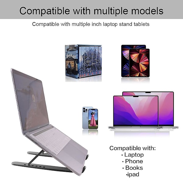 Bærbar computer stand, foldbar og justerbar ABS bærbar computer stand til tablet computer, ergonomisk bærbar computer stand stabil og solid sort