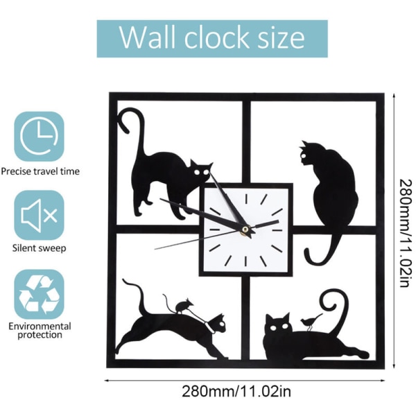 Hiljainen lastenhuoneen seinäkello, sarjakuva luova kissaeläin neliön muotoinen seinäkello, huoneen kvartsikello, makuuhuoneen seinäkoriste ilman paristoa (musta)