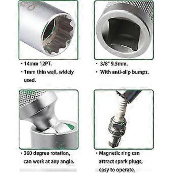 Magnetisk Universal Led Spark Plug Nøgle, Tyndvægget 12 Kant 3/8 Tommer Cr-v Drejelig Tændrørsfatning, Tændrørstrækker, Tændrørsfjernelsesværktøj (14