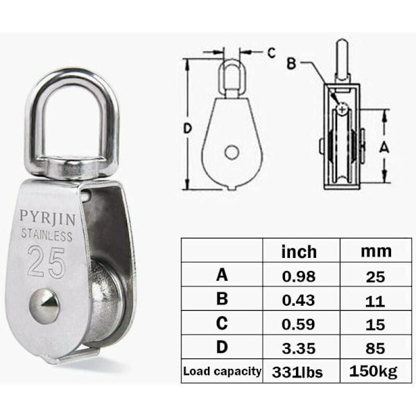 Cable Pulley, Lifting Pulley, 2 Pieces M25 Single Pulley in 304 Stainless Steel,