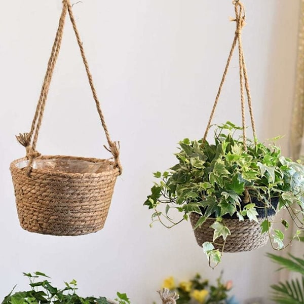 Jute Rephängande Blomkruka - Fällbar Sjögräs Makramékorg - för Suckulenter, Inomhus Utomhus Dekor-Fei Yu